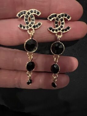 CHANEL Gold-Tone Black Crystal Drop CC Logo Earrings